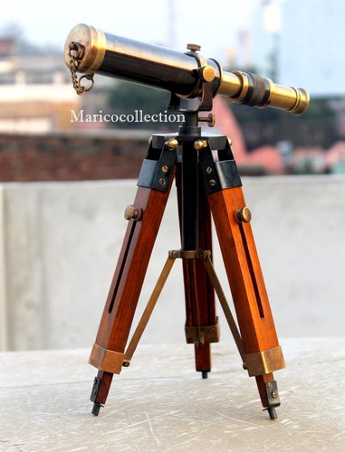 Antique Vintage Brass Telescope With Wooden Tripod Pirate Spyglass Nautical Gift