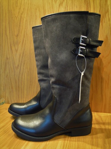 La Rodilla Botas Altas Tacón Bajo Pantorrilla Ancho Negro Gris Punta Redonda para Mujer Talla 5 Totalmente Nuevo