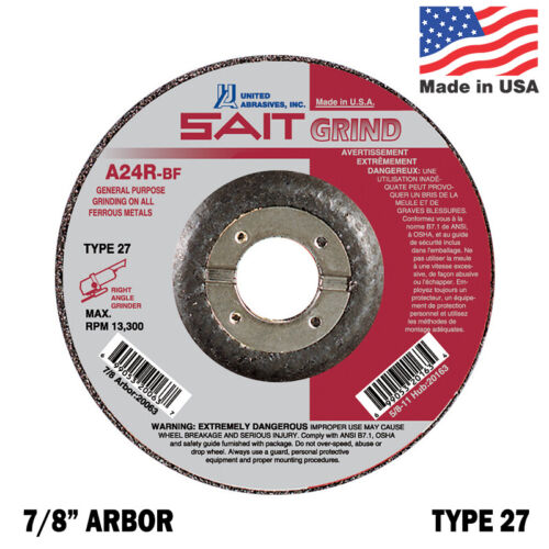 Type 27 Grinding Wheel 7//8/" Arbor A24R-BF QTY 25 United Abrasives SAIT 6/" Dia