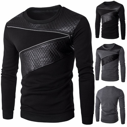 Mens Long Sleeve Jumper Leather Stitching Pullover Sweatshirt Sweater Top Blouse