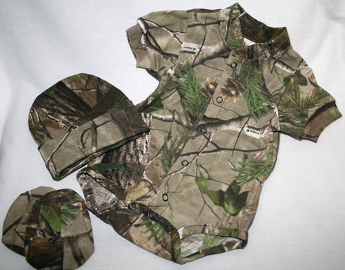Hat Booties Boys Camouflage Realtree Camo Baby 3 Pc Snap Diaper Shirt Set