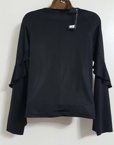 NEW Ex M/&S Black Mercerised Long Ruffle Sleeve Everyday Blouse Top Size 6-24