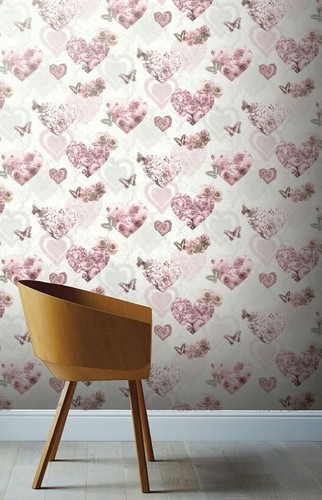 Arthouse Floral Hearts Pink White Glitter Wallpaper