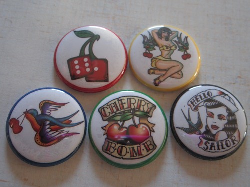 Adult Old School Tattoos 1 inch Buttons Magnet Set of 5 Flat Lapel Pin