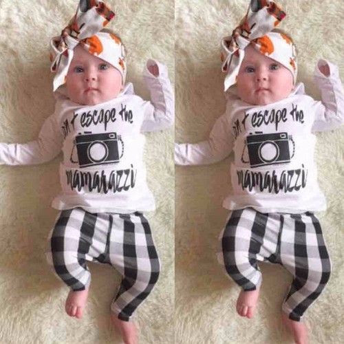 Newborn Toddler Kids Baby Boys Camera Tops Blouse+Grid Pants Outfits Clothes Set