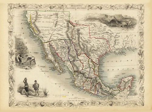 Old Vintage Map of California Texas and Mexico richly illustrated Tallis 1851