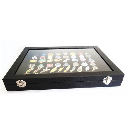 Pokemon Gym Badges with Glass Lid Display Showcase Set of 50 Lapel Pin Badges