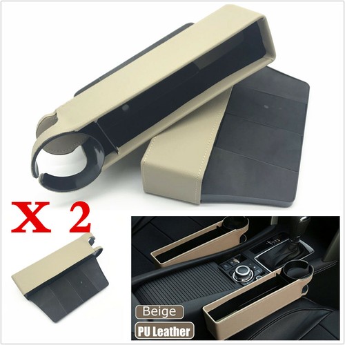 2Pcs Car Seat Gaps Storage Box Organizer Beige PU Leather Interior Accessories