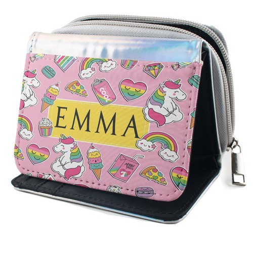 Personalised Girls Purse UNICORN COOL Holographic Shiny Silver Christmas KS119