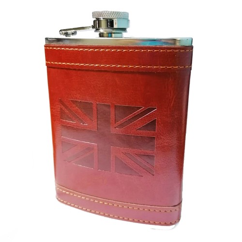 Hip Flask 8oz Union Jack Flasks Stainless Steel With Brown Leather Union Jack