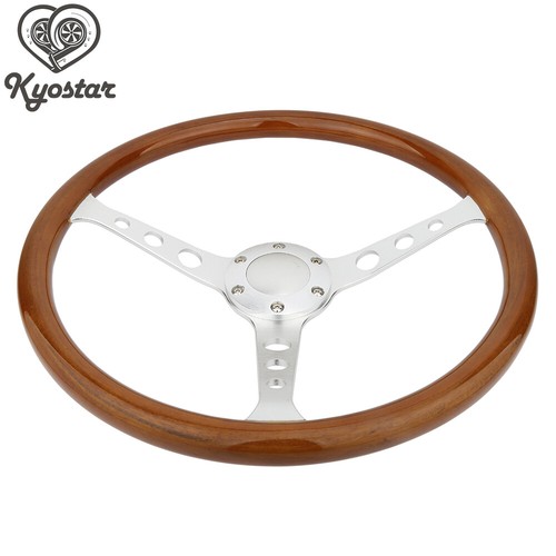 15/" Classic Wood Grain Silver Round hole Brushed Spoke Steering Wheel Horn Kit