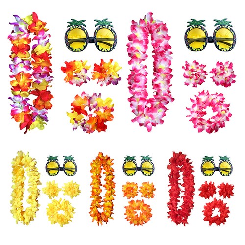 4pcs Hawaiian Lei Garland Set Flower Necklace Headband Bracelets Sunglasses New