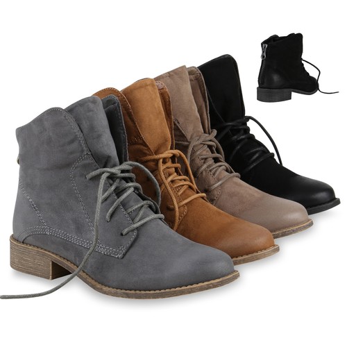 Damen Schnürstiefeletten Leder-Optik Stiefeletten Zipper 812584 Schuhe