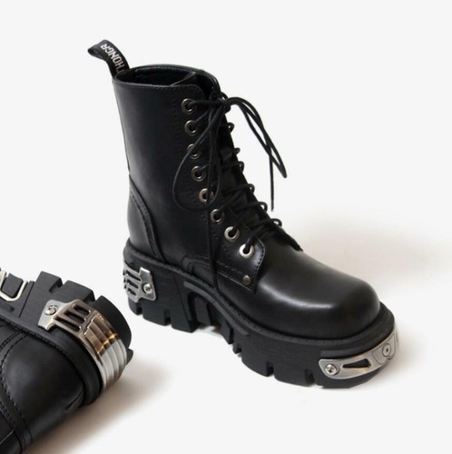 UKWomens Metallic Leather Goth Rock Punk Military Ankle Boots Biker Winter Shoes