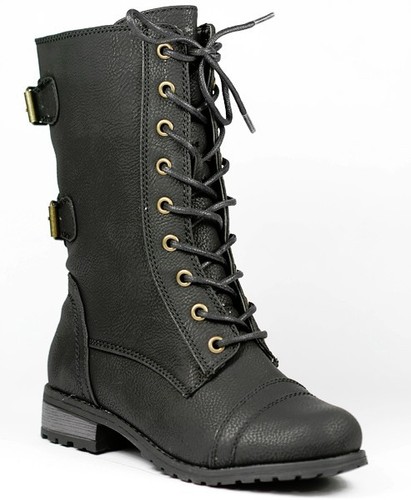 Black Faux Leather w Buckle Strap /& Zipper Lace Up Military Combat Mid Calf Boot