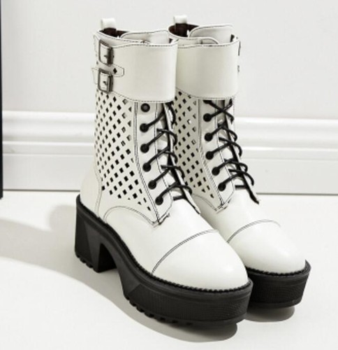 Womens Buckle Lace Up Martin Mid Calf Boots Round Toe Platform Block Heels Shoes