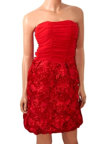 Womens Strapless Party Dress Sizes 10 12 14 18 New Ladies Red Rose Gathered dtl