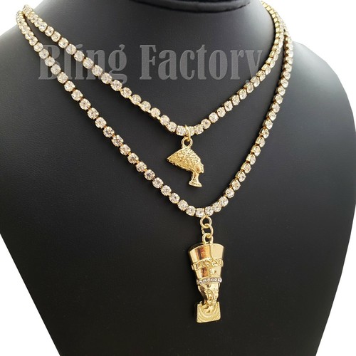Iced Egyptian Nefertiti Pendant 3mm 16/" /& 18/" 1 Row Tennis Chain Bling Necklace