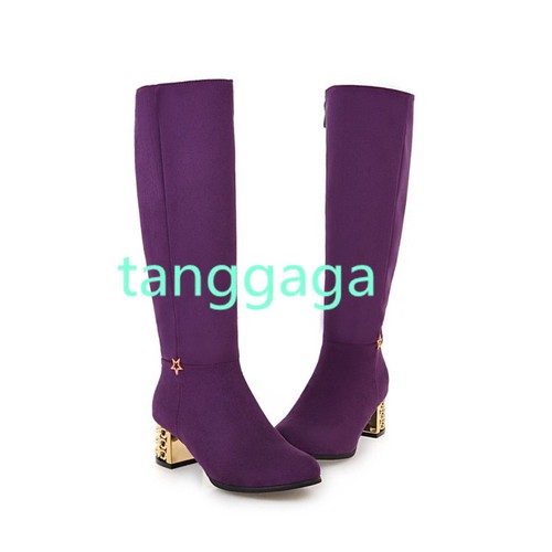 Nouveau Femmes Bottes cavalières hautes Chunky Talons Métallique Bout Rond Zip Chaussures Taille