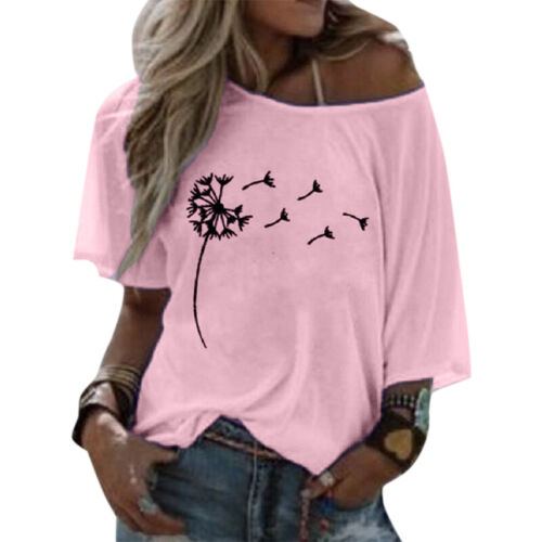 Womens Ladies One Shoulder Floral Printed T-Shirt Tops Summer Loose Basic Blouse