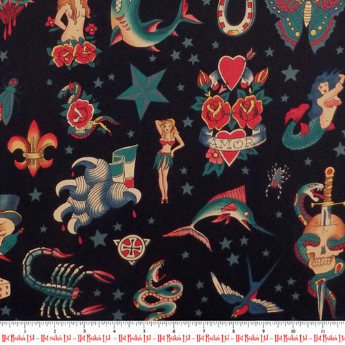 Alexander Henry TATTOO Sailor Jerry inspired Skull Rose Snake Fabric Black