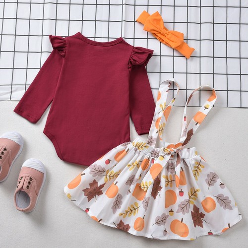 3PCS Toddler Girls Thanksgiving Pumpkin Tops+Overalls Skirt+Headband Outfits Set
