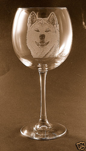Etched Akita on Large Elegant Wine Glasses New Set of 2