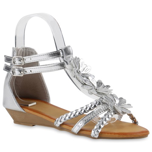 Damen Keilsandaletten Strass Blumen Keilabsatz Riemchensandaletten 817565 Schuhe