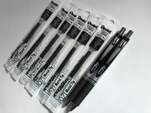 Pentel Energel 0.7 mm Retractable Gel Pen BLACK BL77 x 2 pens 6 refills