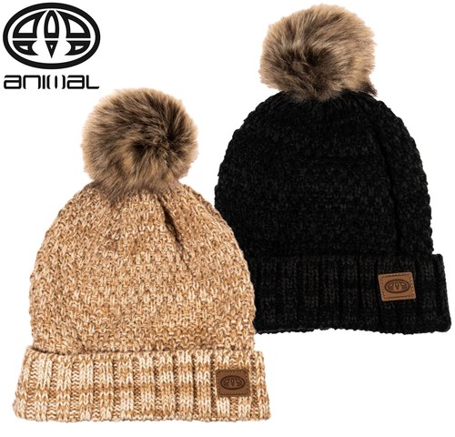 Animal Womens New Becki Winter Woolly Knit Faux Fur Bobble Pom Pom Beanie Hat