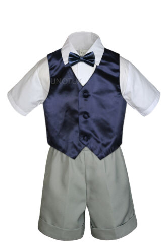 Baby Boy Toddler Formal Vest Shorts Silver Suit Extra Vest Bow Tie 7pc Set S-4T