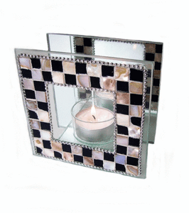 Eleganter Teelichthalter Glas mit Mosaik Schwarz//Beige