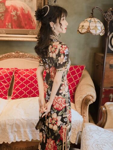 Nouveau Luxe Coton Noir Chinois Floral Longue Robe Cheongsam QiPao lcdress 139