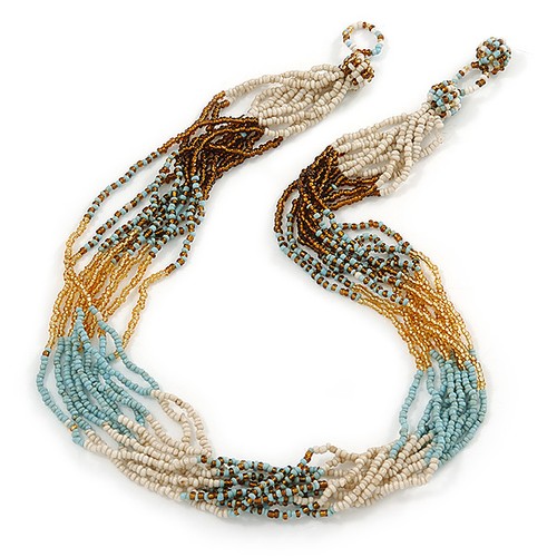 50cm L Multistrand Light Blue//Gold// Antique White// Brown Glass Bead Necklace