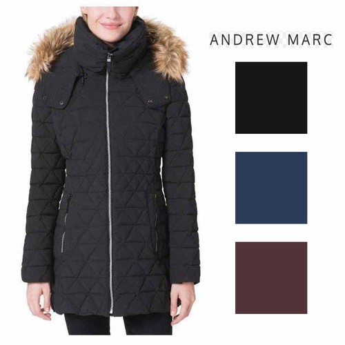 Andrew Marc Womens Quilted Coat with Faux Fur Trim Hood
