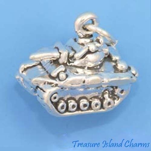 Tank Military Army Vehicle 3D .925 Solid Sterling Silver Charm MADE IN USA