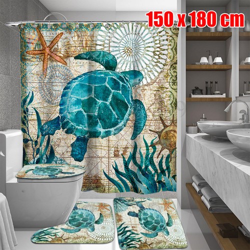 Sea Turtles Waterproof Bathroom Shower Curtain Toilet Cover Mat Non-Slip Rug Set