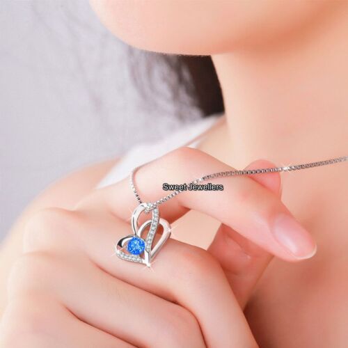 925 Silver Blue Topaz Crystal Diamond Heart Necklace Xmas Gifts For Her Women