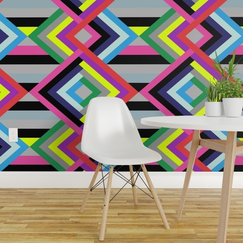 Removable Water-Activated Wallpaper Abstract Geometric Summer Vibes Stripes Neon