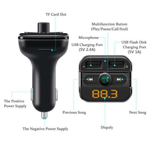 Handsfree Car Kit FM Transmitter Wireless Audio Adapter MP3 Player 2 USB Charger