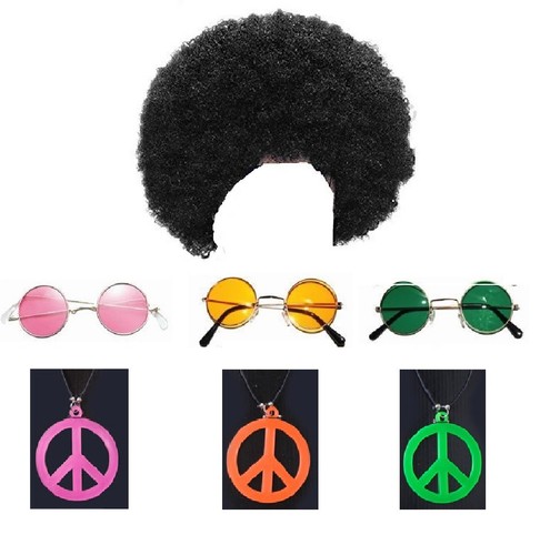 1980s 80s Scouser Black Afro Wig Hippies Peace Necklace Sunglasses Fancy Dress