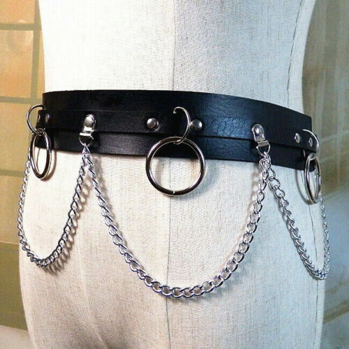 Hommes Femme Punk en Cuir Synthétique Ceinture Laser Chaîne en Métal Créoles anneaux Taille Sangle Noir
