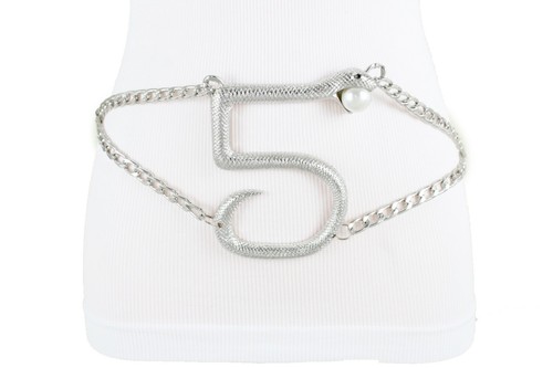 Hot Women Silver Metal Chain Elegant Belt Snake Bling Animal Charm Buckle XS S M