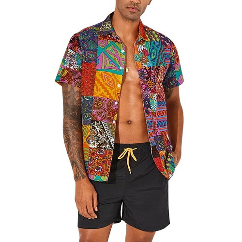 Men/'s Retro Beach Shirt Fashion Floral Print Short Sleeve Button Down Shirt New
