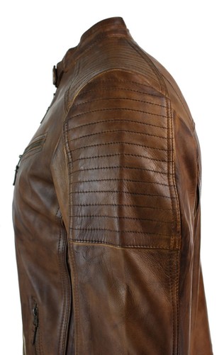Mens Slim Fit Real Leather Vintage Retro Tan Brown Washed Biker Jacket Casual
