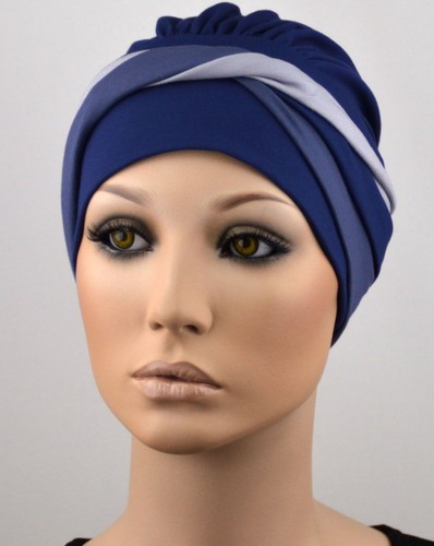 Damen Mütze ELEGANCA TURBANMÜTZE Chemo Turban Cap blau grau Chemomütze Leni NEU