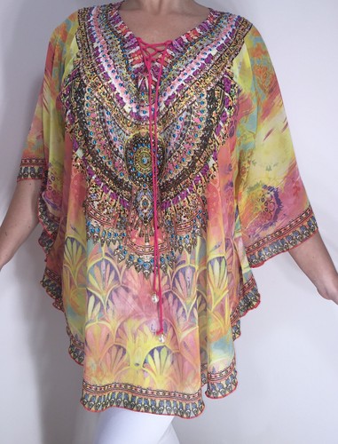 Kaftan Crystals Embellished Pink Floral Pearl Floaty Cool Oversized NEW
