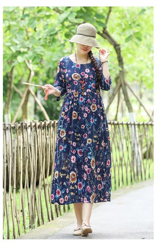 NEW Women Casual Baggy Boho Cotton Linen Floral Maxi Long Dress Holiday Kaftan