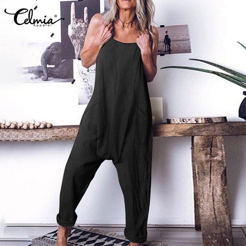 UK Womens Ladies Baggy CaStrappy Dungaree Loose Harem Playsuit Jumpsuit Pants