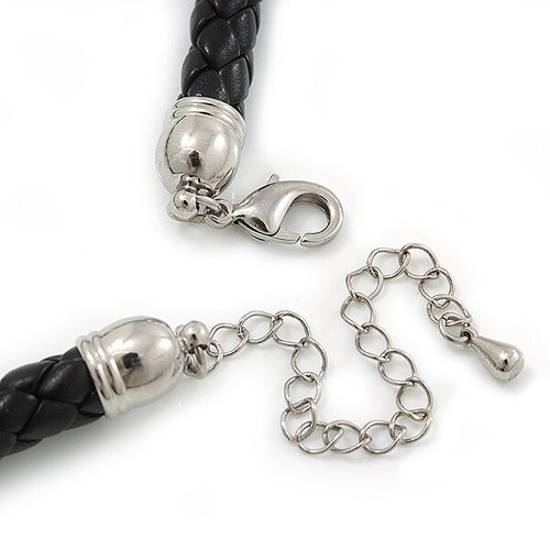 Serpiente Doble De Cristal Austriaco/' /' Cuero Negro Cable Collar En Rodio Chapado